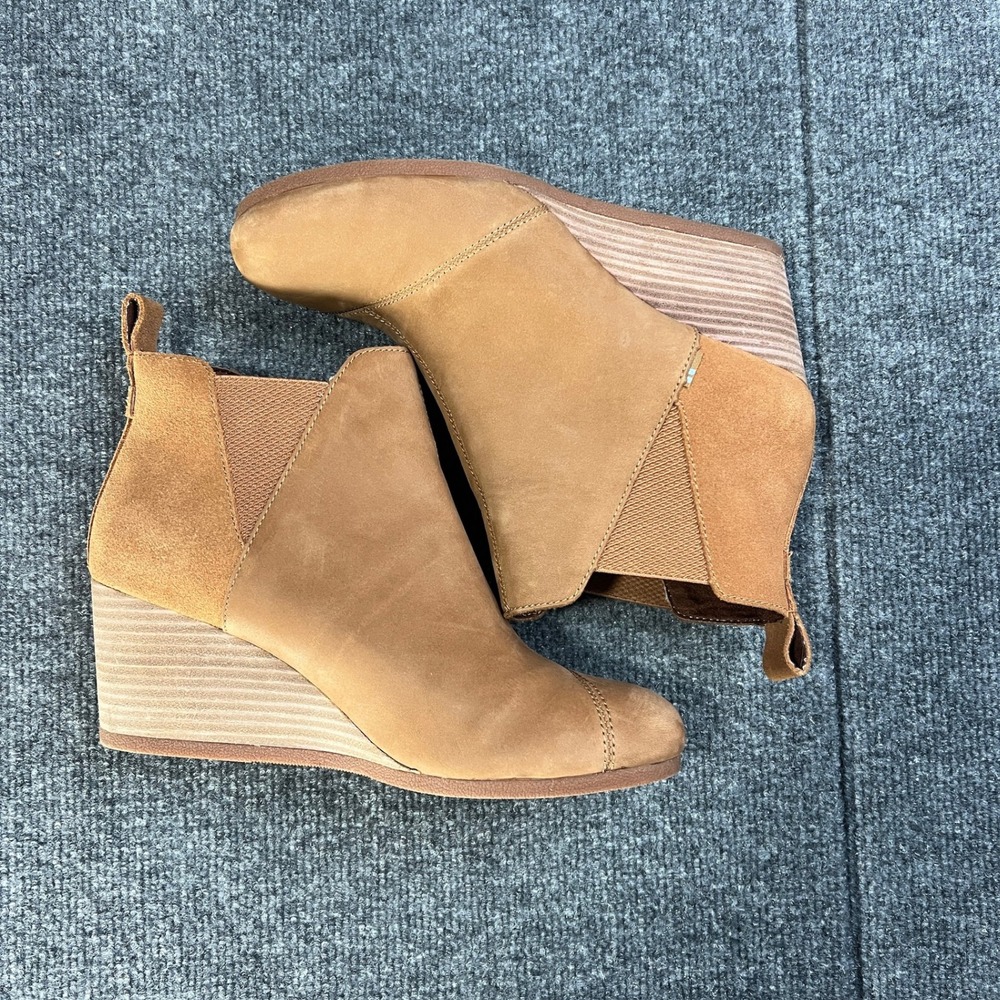 TOMS Kelsey Pull-On Wedge Womens 10 Bootie Tan Leather Suede Ankle Boot 10016858 - Picture 3 of 9